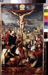 Kalvarienberg. Gebet um den gekreuzigten Christus mit der Stadt Jerusalem im Hintergrund. Inschrift "I.N.R.I." auf dem Kreuz und darüber die Taube des Heiligen Geistes. Unter den dargestellten Personen um Jesus Christus: die Jungfrau Maria, heiliger