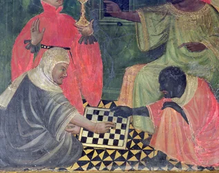 Ein Mohr und ein Christ beim Schachspiel, vom Altarbild der Heiligen Nikolaus, Klara und Antonius Abbas