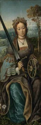 Triptychon der Heiligen Familie mit musizierenden Engeln. Linkes Panel: Heilige Katharina, ca. 1510-1520