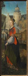 Heilige Barbara. Heilige Familie mit Engeln und den Heiligen Katharina und Barbara Triptychon, 16. Jahrhundert