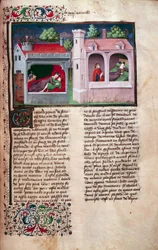 Galante Szene: zwei Paare im Gespräch. Seite eines Manuskripts in Französisch des „Decameron“ von Giovanni Boccaccio, illuminiert vom Meister von Mansel. 1450. Paris, Arsenal-Bibliothek