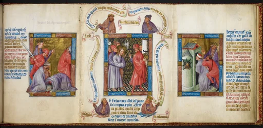Drei Szenen mit „Die Tötung der Propheten“, „Christus vor Pilatus“ und „Daniels Gefangenschaft“, Illustration aus der „Biblia Pauperum“