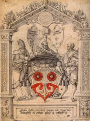 Scheibenriss des Hercules Göldlin mit den Heiligen Konrad, Pelagius und Petrus