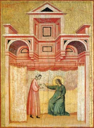 Cecilia überzeugt ihren Ehemann Valerian zur Taufe, Detail aus dem Altarbild, das die Legende der heiligen Cecilia darstellt, ca. 1304, von Meister der heiligen Cecilia, Tempera auf Holz und Goldblatt, 85x181 cm