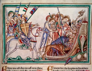 Der Herr und sein Heer stürzen das Tier und seine Anbeter in die Hölle. Miniatur aus der Handschrift „Apocalypse historiée“, Folio 38. 1250. Buchmalerei des Meisters von Sarum. Paris, Nationalbibliothek