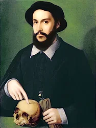 Porträt eines Gentlemans, der mit seiner rechten Hand auf einen Schädel zeigt, ca. 1540
