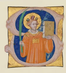 Manuskript-Illumination mit dem Heiligen Stephanus in einem Initial S, aus einem Antiphonar, Italien, ca. 1410-2