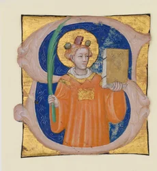Manuskriptillumination mit dem heiligen Stephanus in einem Initial S, aus einem Antiphonar, ca. 1410-20