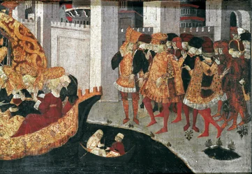 Decameron von Boccaccio: Der Burgherr Pericone empfängt Alatiel, Tochter des Sultans von Babylon Beminedab, und ihre Gefolgschaft auf der Insel Mallorca