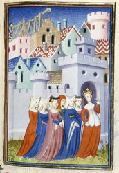 Harley 4431, Bl. 323: Gerechtigkeit betritt die Stadt der Frauen, aus „Le Livre de la Cité des Dames“ von Christine de Pisan