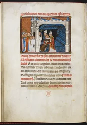 Cotton Tiberius B. VIII f.44v Die Bischöfe von Reims und Beauvais erheben den König vom Thalamus, aus „Das Krönungsbuch Karls V., König von Frankreich“