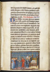Cotton Tiberius B. VIII f.50r Der König übergibt dem Seneschall (Herzog von Anjou) das Schwert, aus „Das Krönungsbuch Karls V., König von Frankreich“