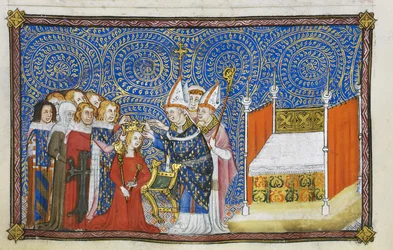 Cotton Tiberius B. VIII f.69v Der Erzbischof von Reims setzt der Königin die Krone auf, während die Barone ihre Krone stützen, Illustration aus „Das Krönungsbuch Karls V., König von Frankreich“