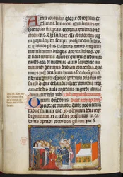 Cotton Tiberius B. VIII f.69v, Der Erzbischof von Reims setzt der Königin die Krone auf, und die Barone halten ihre Krone, Illustration aus „Das Krönungsbuch Karls V., König von Frankreich“