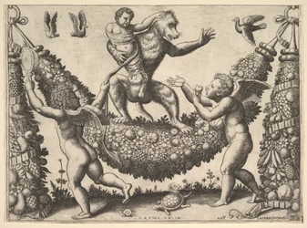 Ein Affe hält einen gefesselten Putto, der auf einem Kranz steht, vor dem zwei geflügelte P..., 1530-60