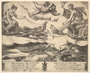 Allegorie der Ehe und der Liebe, links Juno in einem von Pfauen gezogenen Wagen, Venus in einem ..., 1530-60.