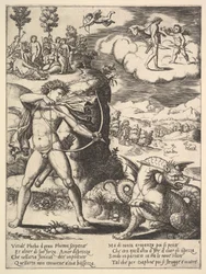 Apollo steht links und schießt einen Python mit einem Pfeil, oben links sind die Muse..., 1530-60