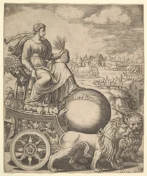 Kybele in ihrem von zwei Löwen gezogenen Wagen