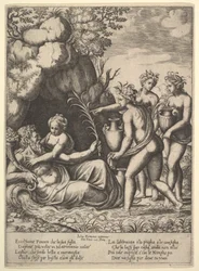 Daphne umarmt ihren Vater, den Flussgott Peneus, links bringen drei Nymphen Krüge ..., 1530-60