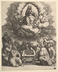 Mariä Himmelfahrt, unten umgeben die Apostel das Grab, 1530-60