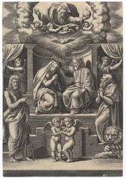 Die Krönung der Jungfrau, unten links steht der heilige Johannes der Täufer, unten rechts..., 1530-60.