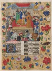 David wird zum König von Israel gekrönt. Der Psalter. Sauls Salbung Davids und die Krönung Davids zum König von Israel. Psalm 26, beginnend mit der verzierten Initiale „D“. Bordüren mit Trompe-l