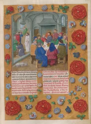 Temporale (1. Teil: vom Ersten Adventssonntag bis Karsamstag). Das letzte Abendmahl (Gründonnerstag, Matutin). Rand mit Blumendekoration. Zwei Textspalten.