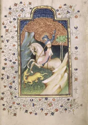 St. Georg kämpft gegen den Drachen, 1420-30 (Tempera und Gold auf Pergament)