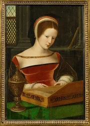 Dame am Klavichord. Der Salbentopf ist ein Attribut der Heiligen Maria Magdalena