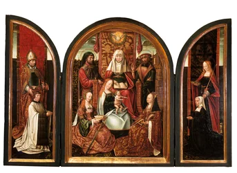 Ein Kanon mit St. Livinus (linker Flügel), Die Familie der St. Anna (Mittelteil), Stifter mit St. Elisabeth (rechter Flügel), Die Verkündigung (geschlossen) um 1500-10