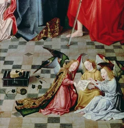Die sieben Freuden der Jungfrau Altarbild: Detail von drei singenden Engeln, ca. 1480 (Detail)