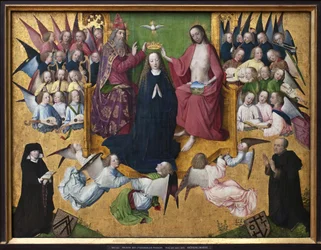 Die Krönung Mariens. Darstellung der Heiligen Dreifaltigkeit: Gott, Jesus Christus und die Taube des Heiligen Geistes.