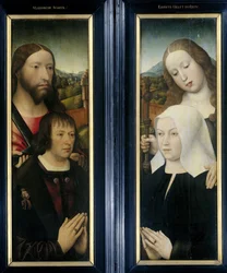 Zwei Flügel eines Triptychons mit dem Stifter Thomas Isaacq, begleitet von St. Thomas (links, Außenflügel), und der Frau des Stifters, begleitet von St. Margareta (rechts, Außenflügel)