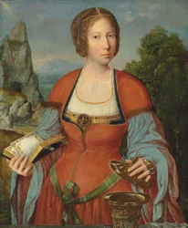 Die Magdalena hält ein Stundenbuch in einer Landschaft