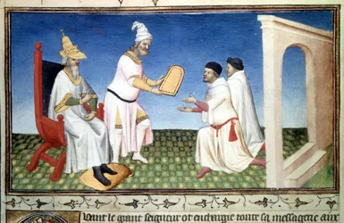 Marco und Mattia Polo erhalten Spenden von Kubilay Khan - Miniatur aus „Das Buch der Wunder“ („Devisement of the World“, „Il Milione“) von Marco Polo (1254-1324) (Ms. 2810, Folio 3v) illuminiert vom Meister von Mazarine, ca. 1410-1412
