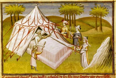 Der mongolische Führer Dschingis Khan auf seinem Sterbebett gibt seinen Söhnen seine letzten Empfehlungen, ca. 1410 (Miniatur)