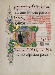 Manuskriptblatt mit dem heiligen Benedikt, der einen Jungen in einem Initial D wiederbelebt, aus einem Antiphonar