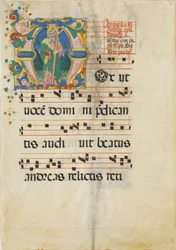 Manuskriptblatt mit dem Fest des Heiligen Andreas in einem Initial M ..., zweite Hälfte des 15. Jahrhunderts