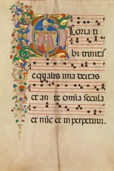 Manuskriptblatt mit der Dreifaltigkeit in einem Initial G, aus einem Antiphonar, Italien, 2. Hälfte des 15. Jahrhunderts