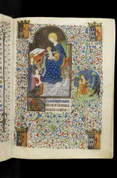 MS 62 f.20r, Die heilige Katharina stellt Isabel von Bretagne der Jungfrau und dem Kind vor, aus einem französischen Stundenbuch, geschrieben für Isabel Stuart, Ehefrau von Franz I., Herzog von Bretagne, ca. 1445-50