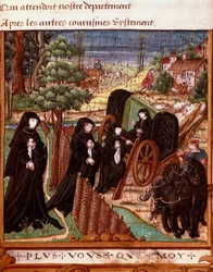 Darstellung der Königin von Navarra Margarita von Angoulême (1492-1549) umgeben von ihren Damen, die in eine Kutsche steigen. Seite aus dem Manuskript „La coche ou Debat d