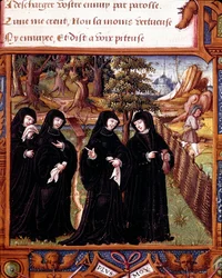 Darstellung der Königin von Navarra, Margarita von Angoulême, im Gespräch mit ihren Begleiterinnen