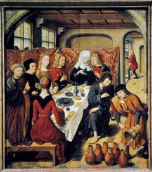 „Die Hochzeit zu Kana“ Gemälde des Meisters des Altars von St. Bartholomäus (16. Jahrhundert) (flämische Schule) Laeken. Königliche Museen der Schönen Künste