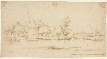 Landschaft mit einem Dorf mit Wassergraben, 1559-1561