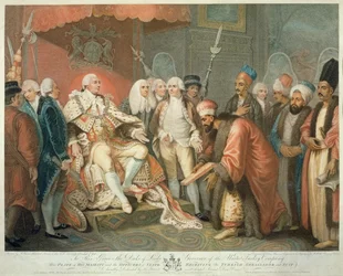Seine Majestät und Staatsbeamte empfangen den türkischen Botschafter und Gefolge, graviert von Daniel Orme, veröffentlicht von Edward Orme, 1797
