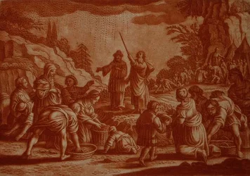 Die Israeliten sammeln Manna, Illustration aus einer Bibel (gestochen von Gabriel Bodeneer)