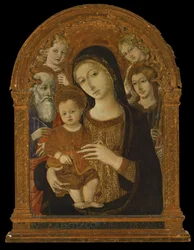 Die Jungfrau und das Kind zwischen den Heiligen Johannes dem Evangelisten, Jakobus und zwei Engeln, ca. 1480-1490