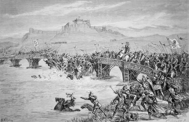 Der Einsturz der Brücke während der Schlacht von Stirling Bridge im Jahr 1297, graviert von Roberts