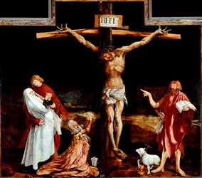Isenheimer Altar: Mitteltafel mit der Kreuzigung - Inschrift „INRI“ am Kreuz - Holzgemälde von Mathis Neithardt Gothardt, genannt Matthias Grünewald (ca. 1480-1528), 1512-1516, Maße 269 x 307 cm, Colmar, Musée Unterlinden