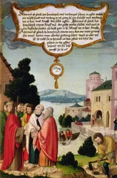 Das Himmelreich gleicht einem Netz, das ins Meer geworfen wurde und Fische aller Art sammelte (Matthäus 13) Illustration der Lehre Christi, Abschnitt des Flügelpanels vom Mompelgarter Altarbild